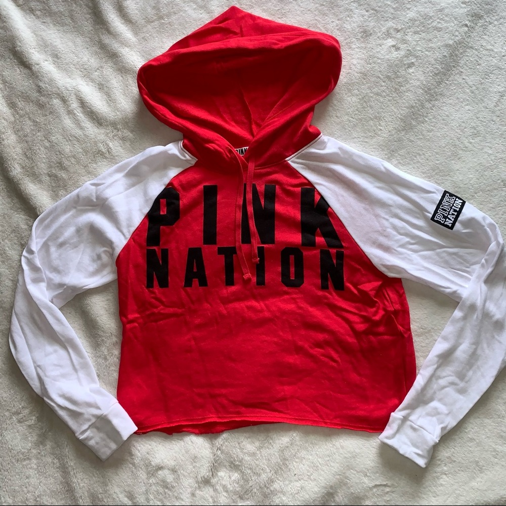 VS PINK Red and White Crop Top Hoodie